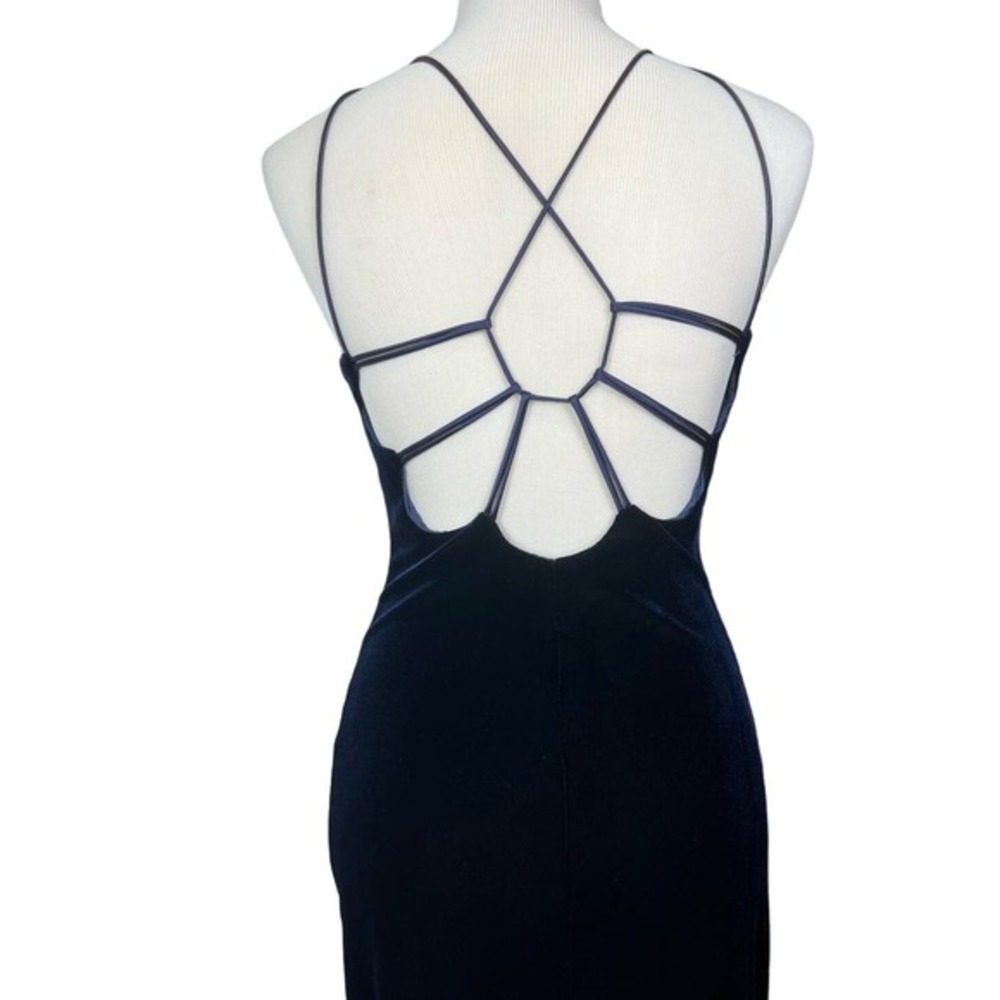 VTG ROBERTA Designer Dark Blue Velvet Stretch Spaghetti Strap Long Maxi Dress